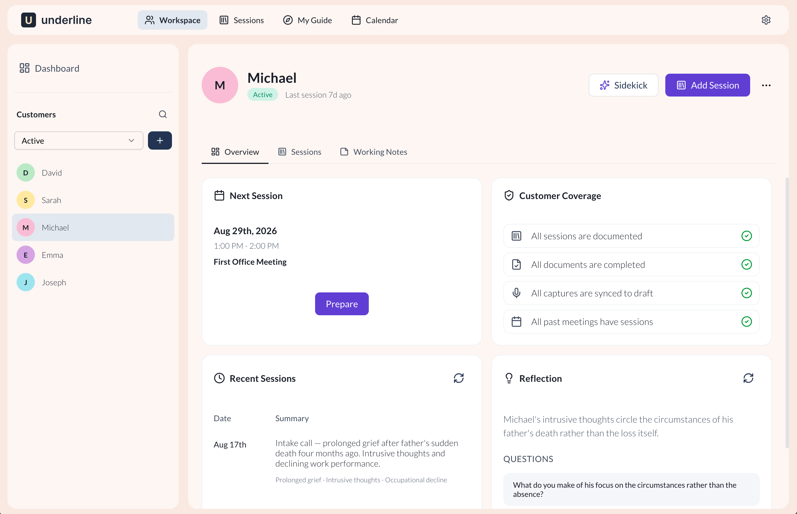 Customers hub showing a patient's sessions, notes and documents in one place