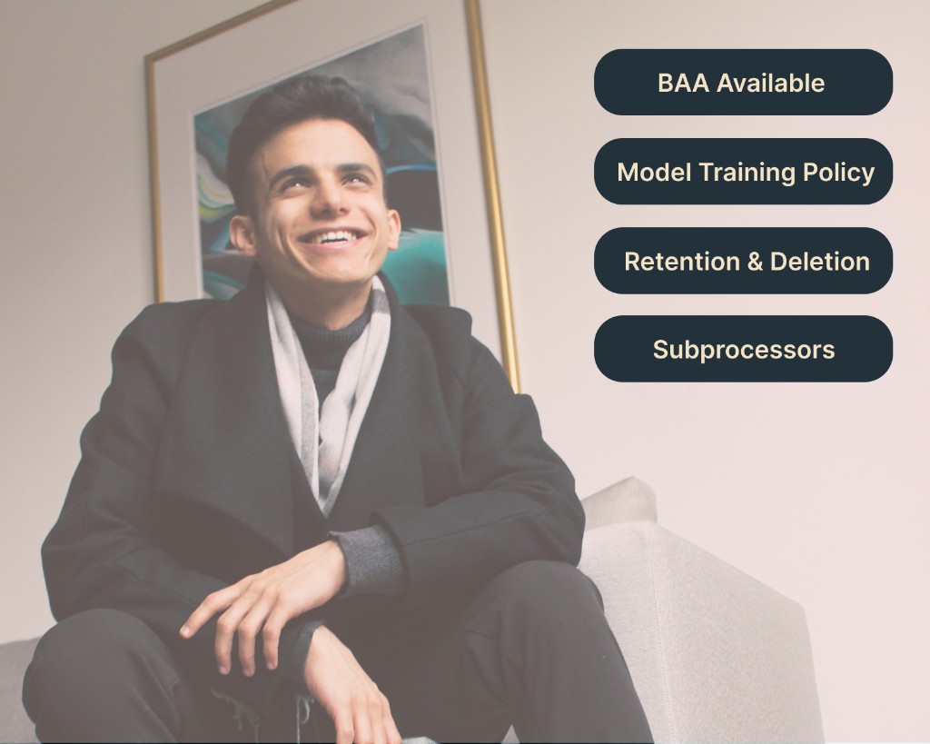 Therapist with key AI note-taker checks: BAA, model training policy, retention and deletion, subprocessors